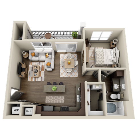 Floor plan for 1 bed, 1 bath, 714 sqft